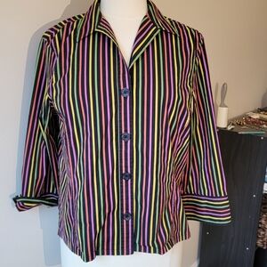 Rare vintage Jones New York multi-colored striped button-up blouse with3/4 Sz 12
